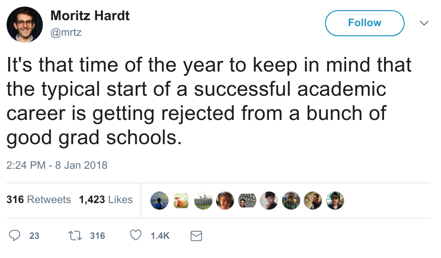 A screenshot of Moritz Hardt's Tweet saying: "It's that time of the year to keep in mind that the typical start of a successful academic career is getting rejected from a bunch of good grad schools."