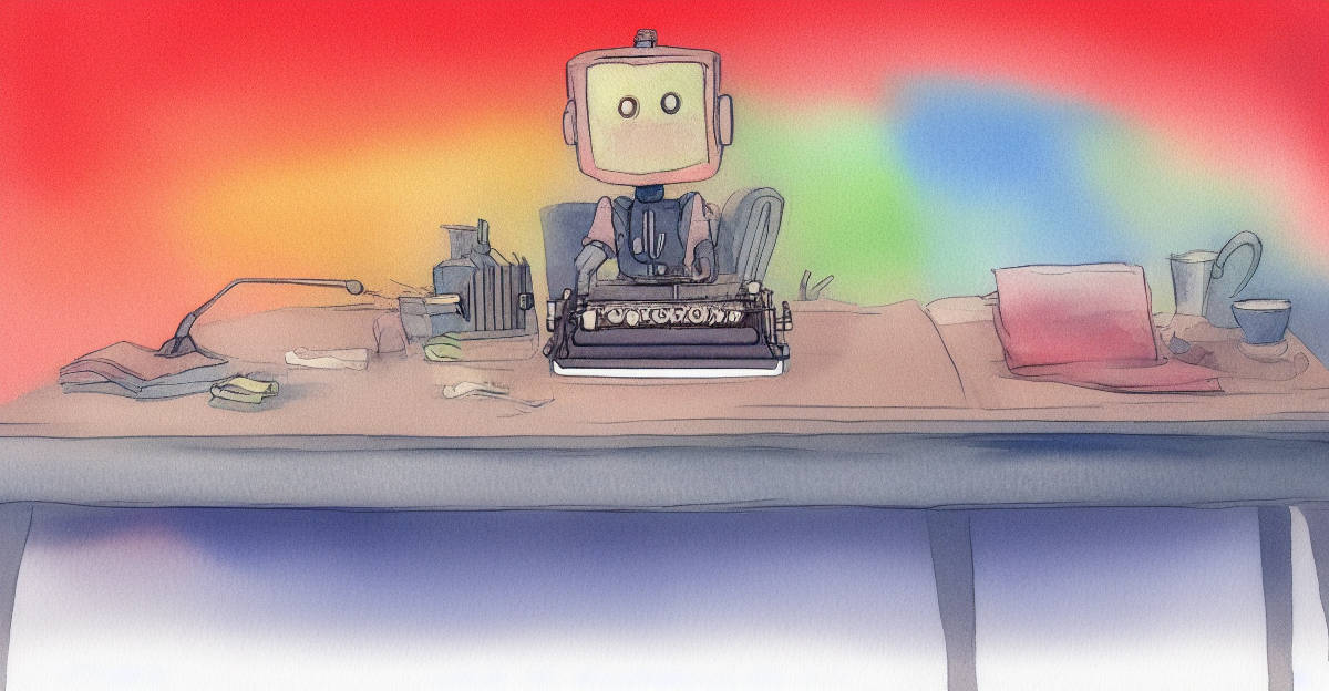 'A colorful watercolor illustration of a robot sitting at a desk with a typewriter infront of the robot. Generated with stable diffusion. Prompt: watercolor illustration, adorable robot, desk lamp, sitting at a typewriter, chair, desk, clear, straight lines' 