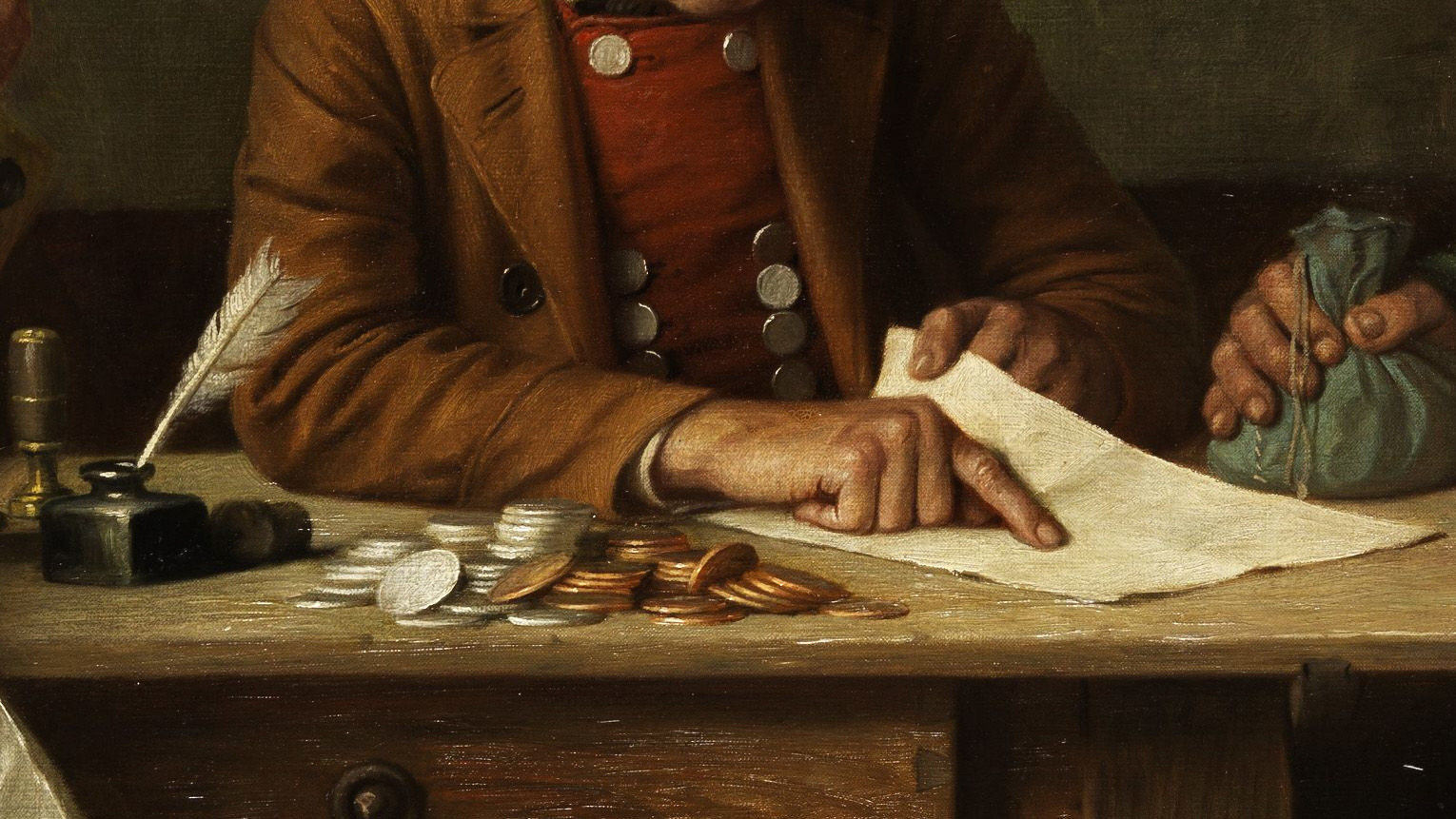A painting of coins on a table by Josef Wagner-Höhenberg. 