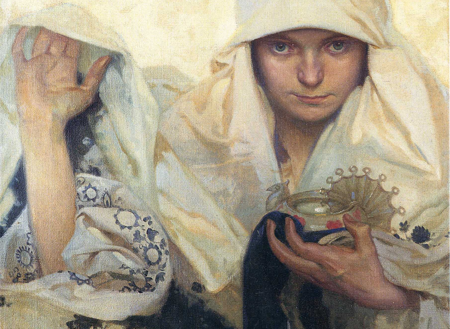 An oil painting titled 'Fate', painted in 1920 by Alphonse Mucha. It depicts a woman in a white robe holding an oil lamp. 