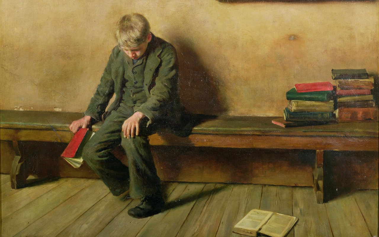A painting, 'The Dunce', by Harold Copping from 1886 shows a boy in a suite sitting alone on a bench. He is surrounded by books, and he holds one in his right hand loosely as if about to drop it. He hangs his head in sorrow or shame. 