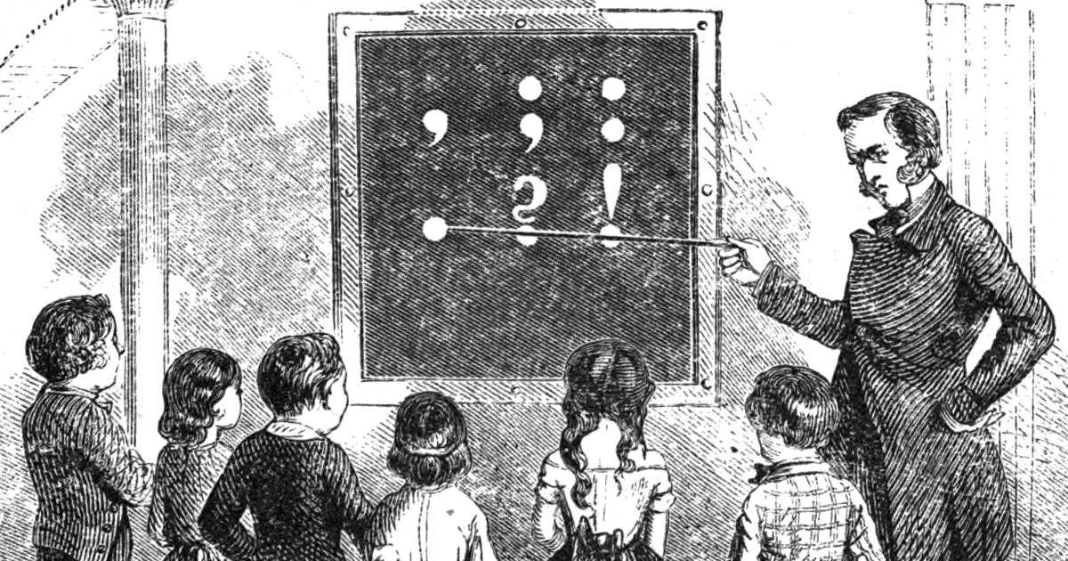 A woodcut by J. W. Orr showing a man using a blackboard to teach young children punctuation. 