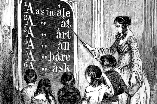 A woodcut by J. W. Orr showing a woman using a blackboard to teach young children how to pronounce words. 