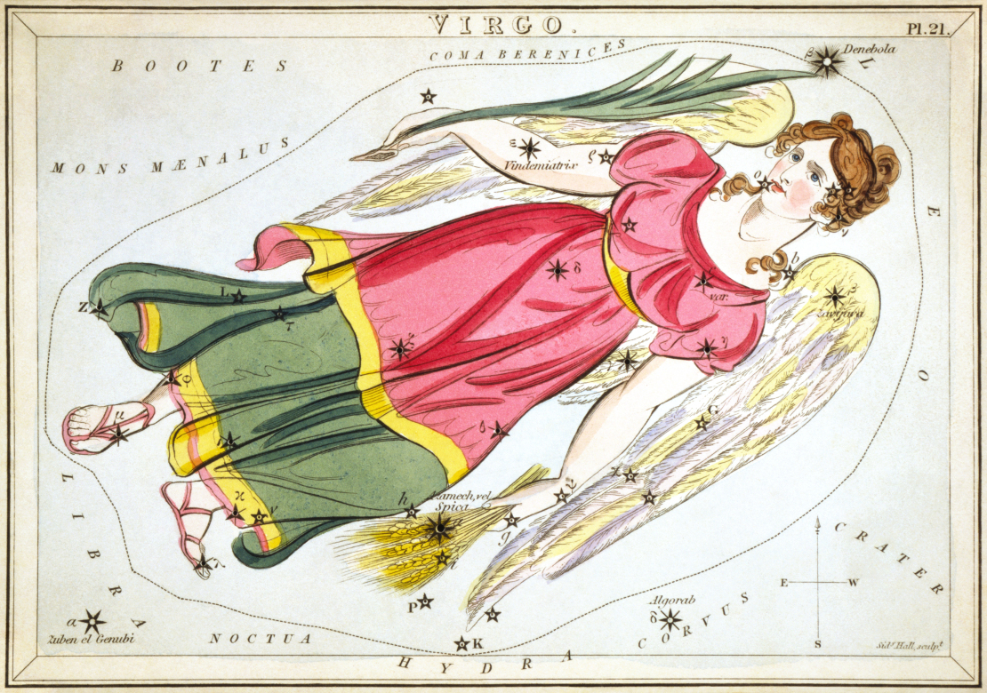 A drawing by Sidney Hall of the constellation Virgo represented as a Woman with angel wings and a pink and green dress. 