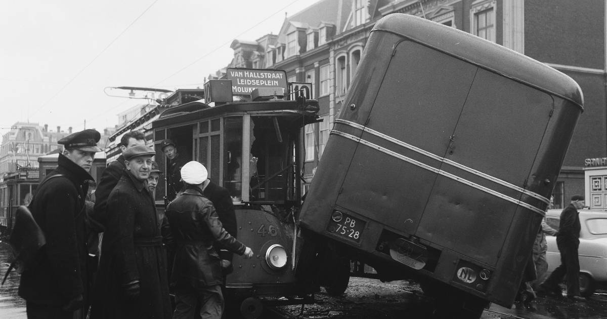 A photo of a tram and a delivery van collision in Frederiksplein, Amsterdam, 1957. 