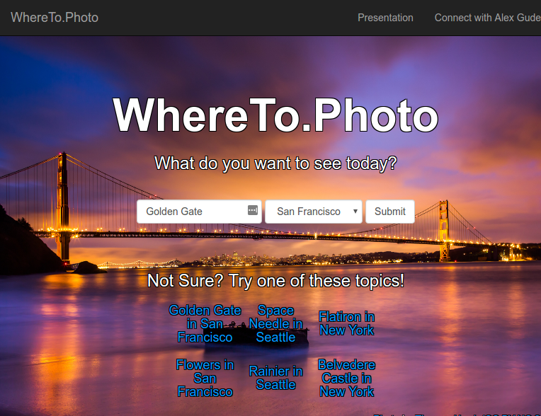 A screenshot of the front page of WhereTo.Photo. 