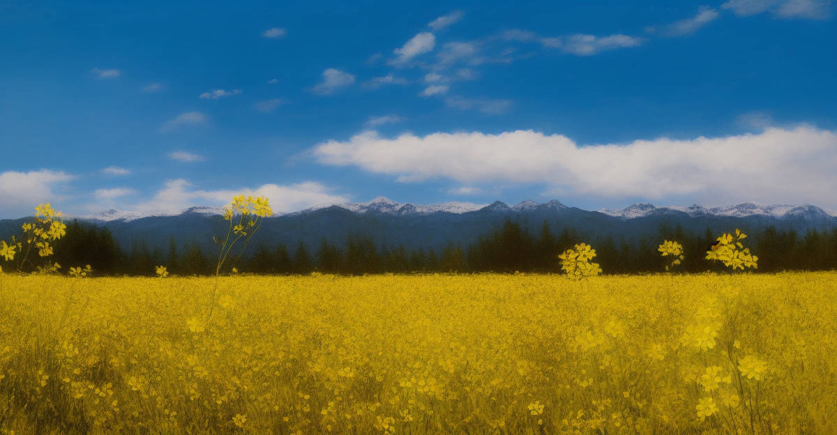 An image generated from one of my landscape photos using Stable Diffusion with img2img to make it look more like an oil painting. It shows yellow flowers, with a forest behind them. The Jura Mountains loom behind the forest, and the sky is bright blue with some large white clouds. 