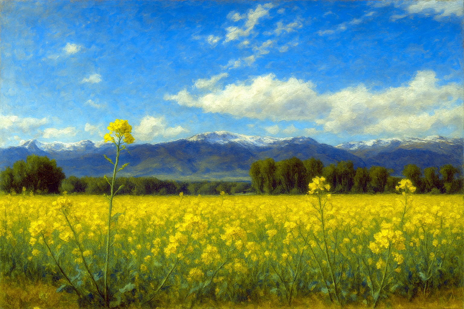 An image generated from one of my landscape photos using ChatGPT to make it look more like an oil painting. It shows yellow flowers, with a forest behind them. The Jura Mountains loom behind the forest, and the sky is bright blue with some large white clouds. 