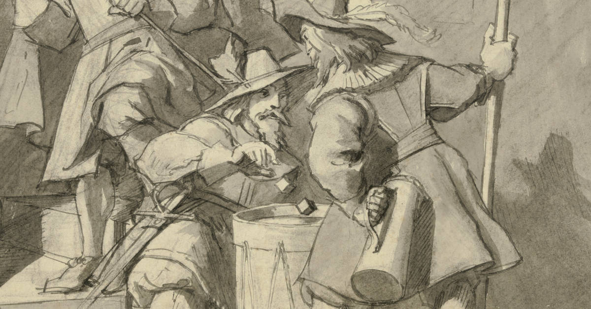 A pencil drawing of three Landsknecht mercenaries playing dice on top of a military snare drum. 