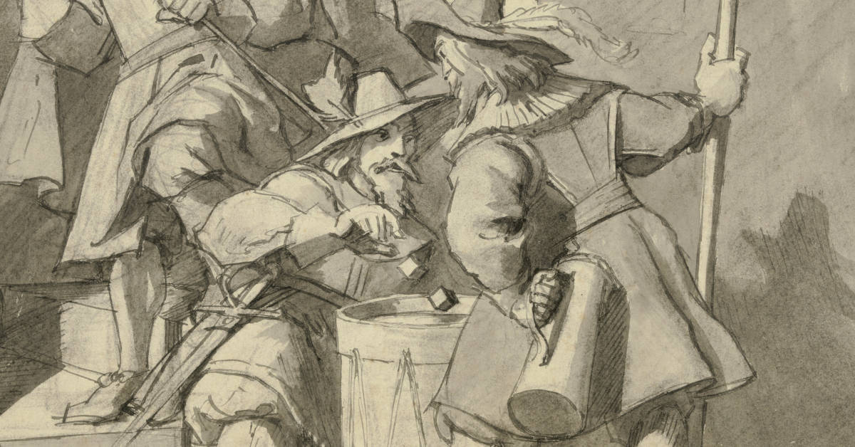 A pencil drawing of three Landsknecht mercenaries playing dice on top of a military snare drum.