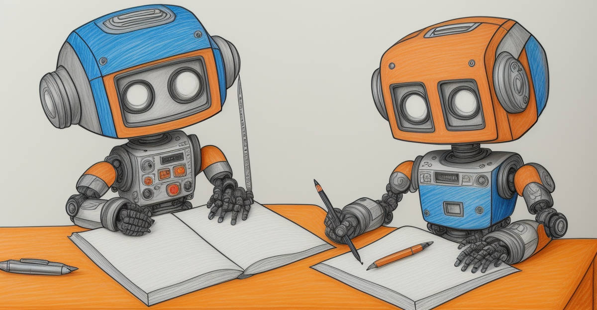 A colorful illustration of a two robots sitting at a desk with with empty paper and books infront of them. One is holding a pencil. Generated with stable diffusion. Prompt: A drawing of a cute robot, color, writing with a pen, sitting at a desk 
