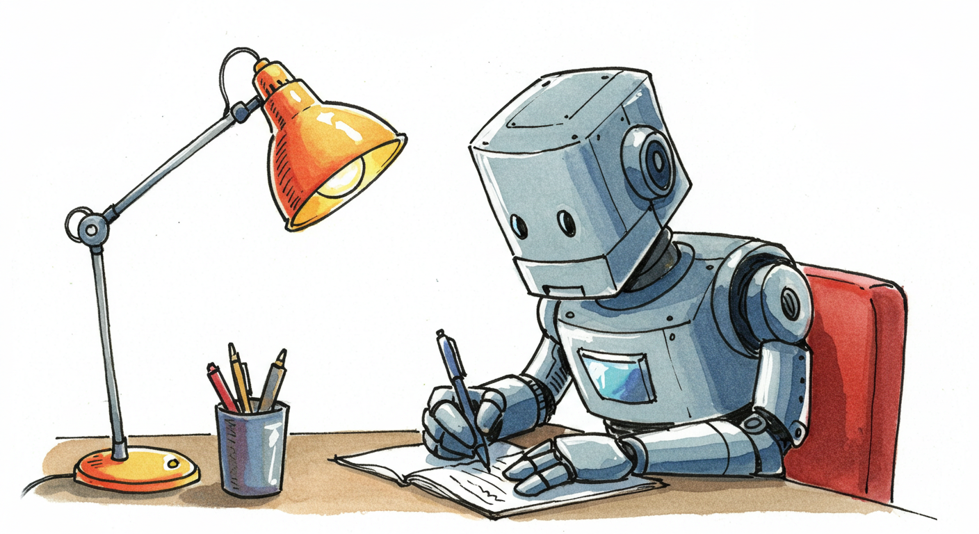 A colorful watercolor illustration on a white background of a robot sitting at a desk writing with a pen. He has a desklamp and a cup with pens in it. 