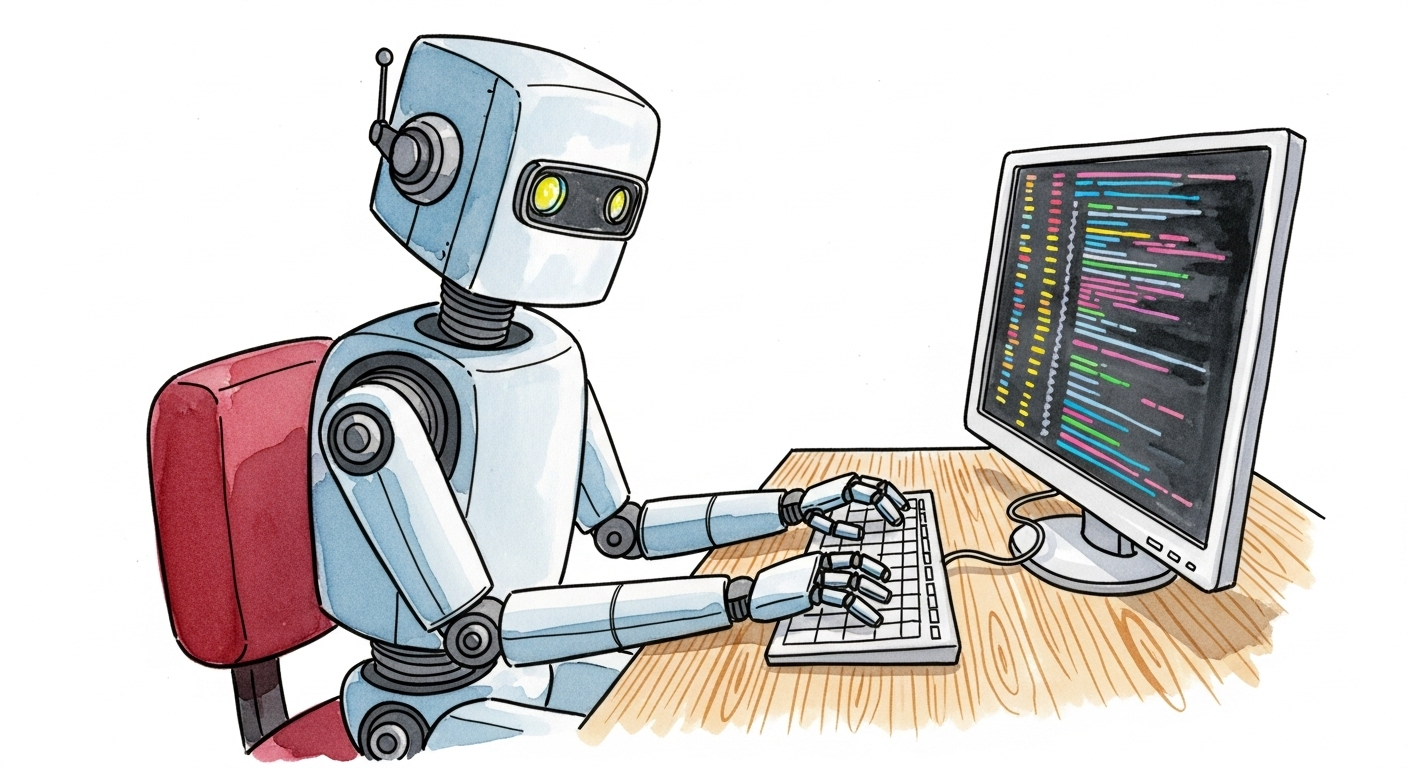 A colorful watercolor illustration on a white background of a robot sitting at a desk typing. A flat computer screen shows a dark background with colorful lines representing code. 