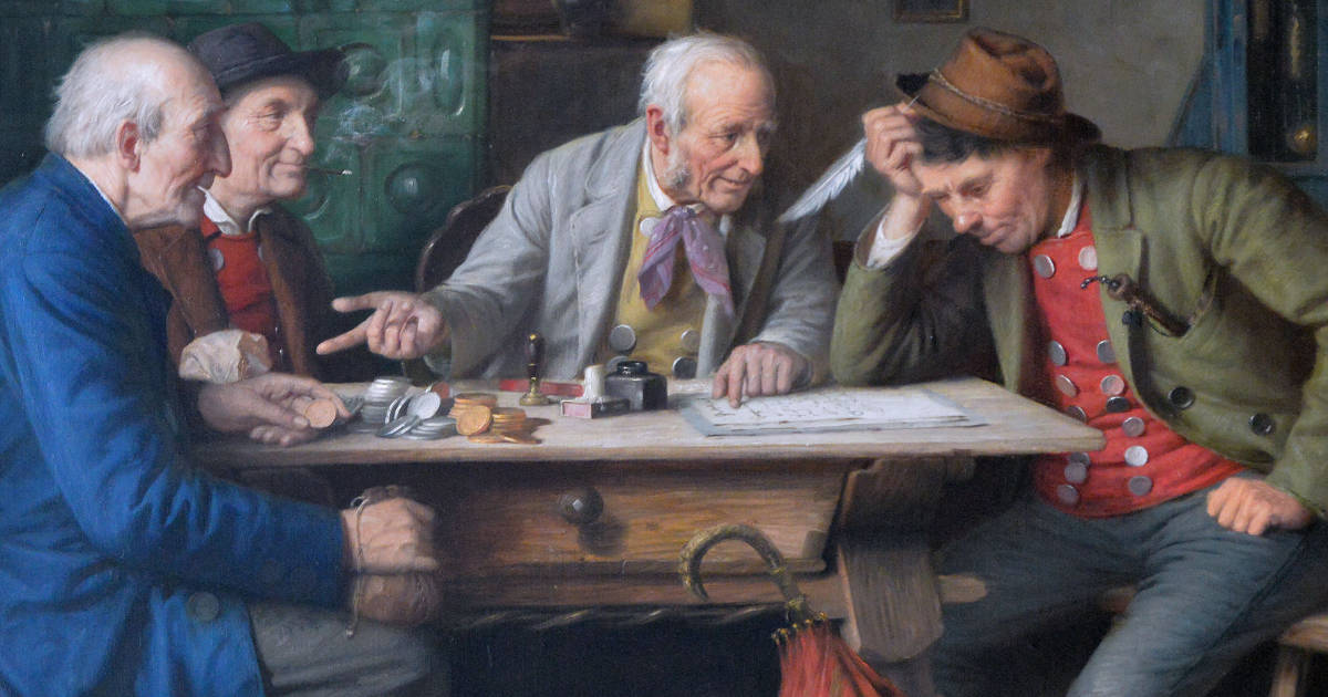 Painting by Josef Wagner-Höhenberg showing a late 1800s farmer signing a contract at a wooden table while a notary gestures to the two bankers at the other end of the table who have a pile of gold and silver coins in front of them. 