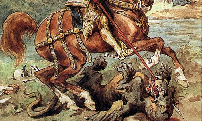 Juliusz Kossak's watercolor painting titled 'Saint George Killing the Dragon'. It shows a man in armor, riding a horse, spearing a dragon on the ground with a lance.
