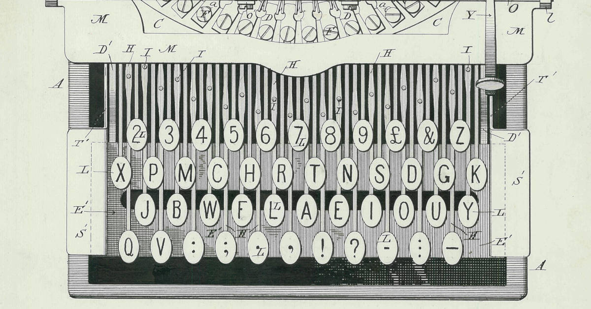 A crop of the 1896 patent for the C. L. Sholes Type Writing Machine, showing an overhead drawing of the keyboard. 