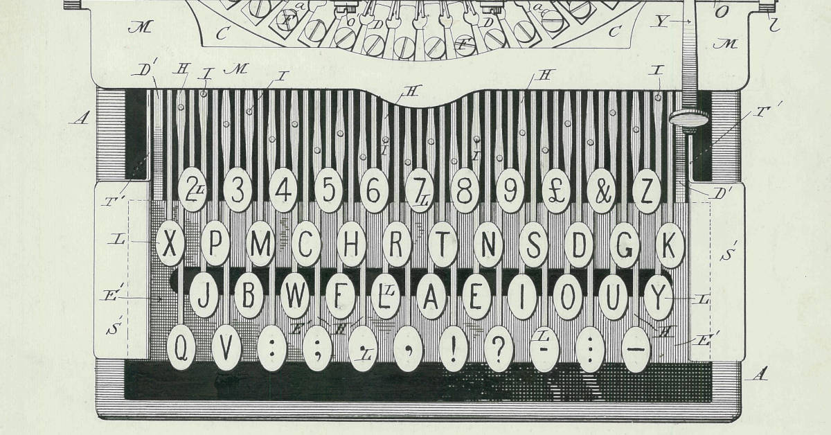 A crop of the 1896 patent for the C. L. Sholes Type Writing Machine, showing an overhead drawing of the keyboard.