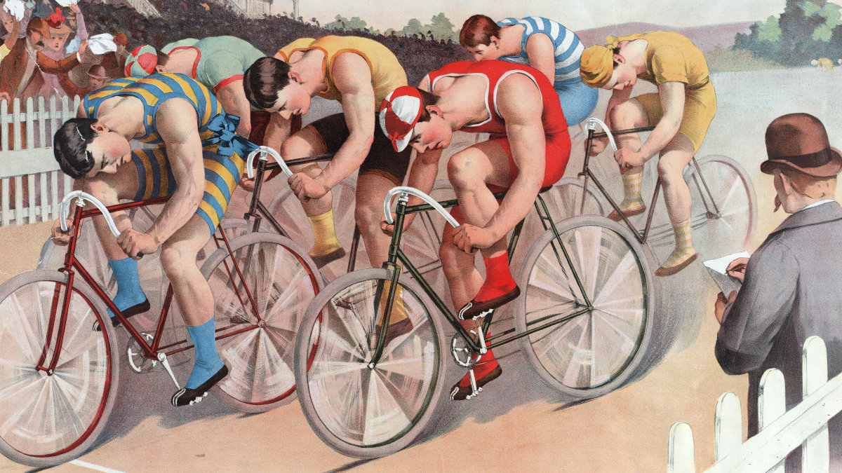 A chromolithograph showing six men in colorful clothing racing bikes on a dirt track. 