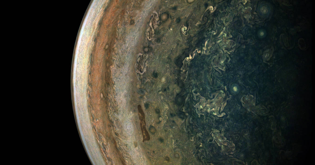 The planet Jupiter as seen by the departing Juno spacecraft.