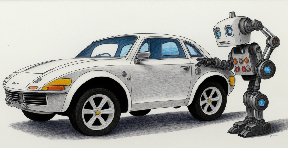 A pencil drawing of a robot inspecting a car. Prompt: A simple color pencil drawing a robot, inspecting a car, holding a clipboard, white background.