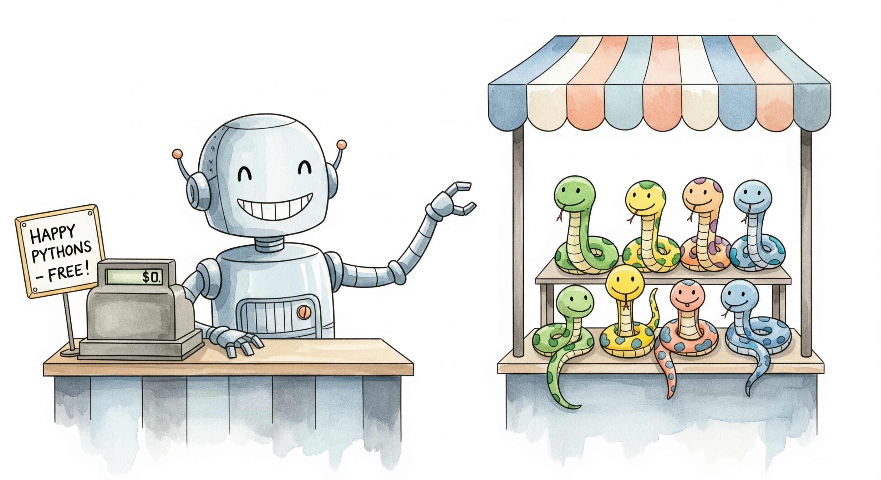 A watercolor cartoon illustration of a cheerful robot giving away free pythons. On the left, a smiling light-blue robot with antennae stands behind a wooden counter with a cash register that displays