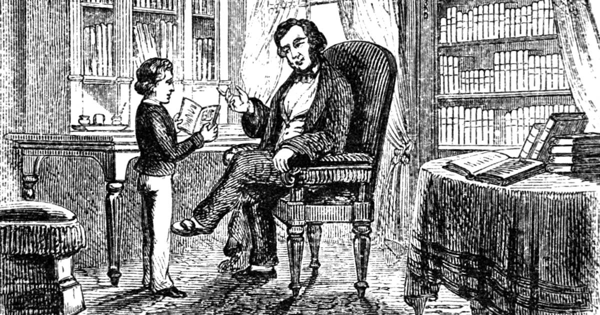 A woodcut by J. W. Orr showing a father giving his son a picture book in a richly appointed study. 
