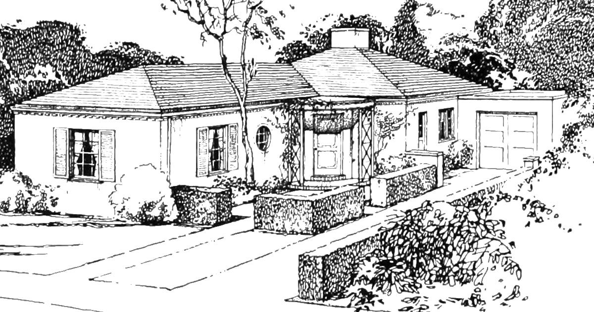 A line drawing of a two bedroom home done for a 1935 architecture competition. 
