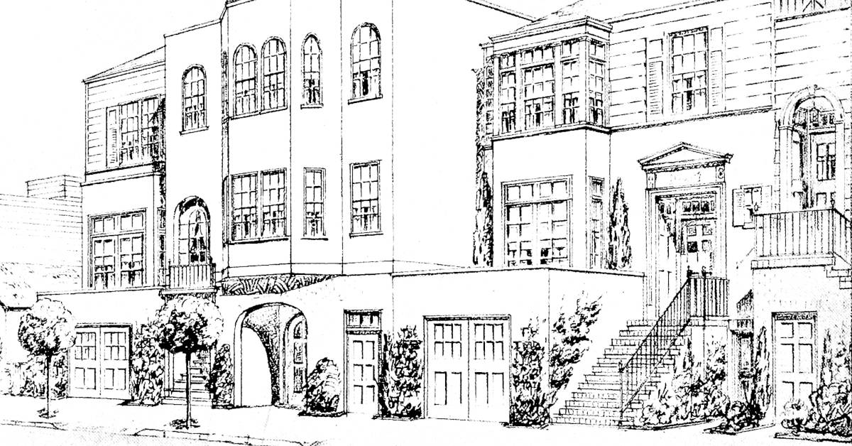 A line drawing of two houses in San Francisco from Architect and Engineer magazine. 