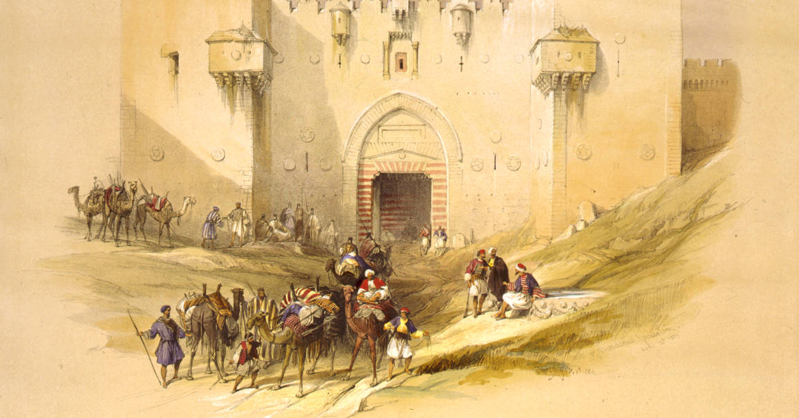 Drawing showing the Gate of Damascus in Jeusalem. Many men and camels wait outside.
