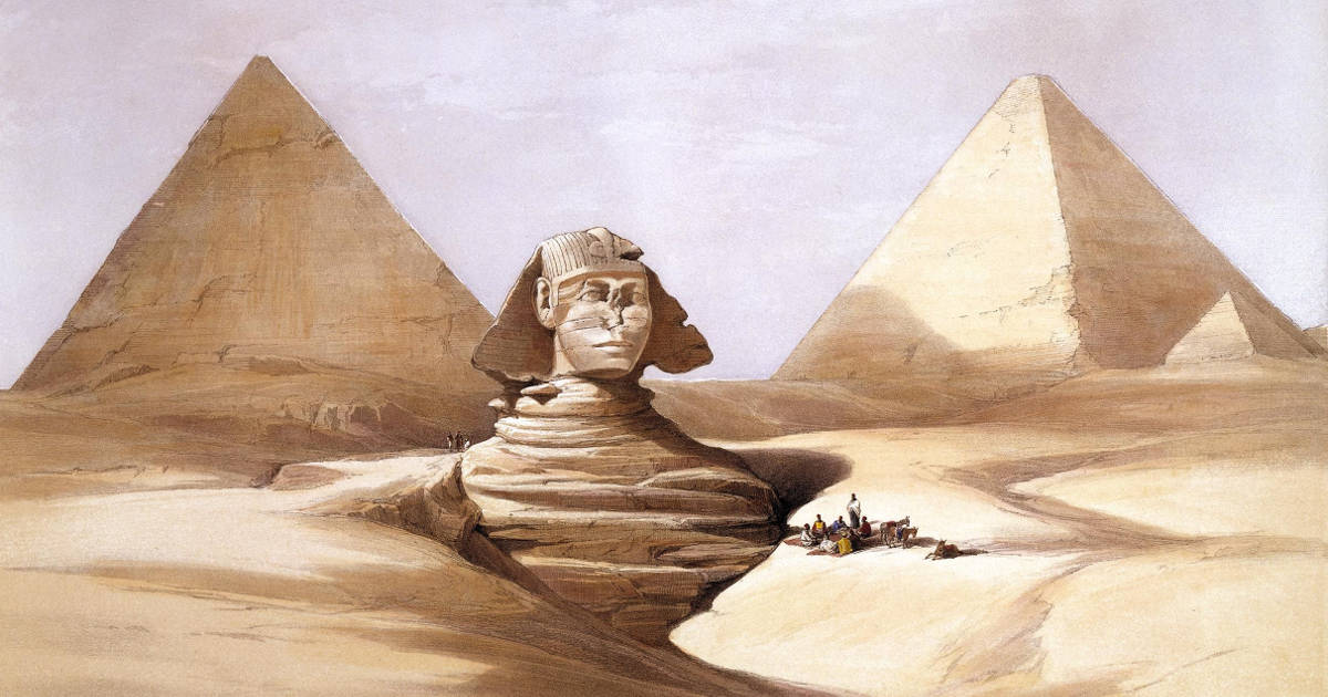 A painting of the Great Sphinx with two pyramids in the background. 