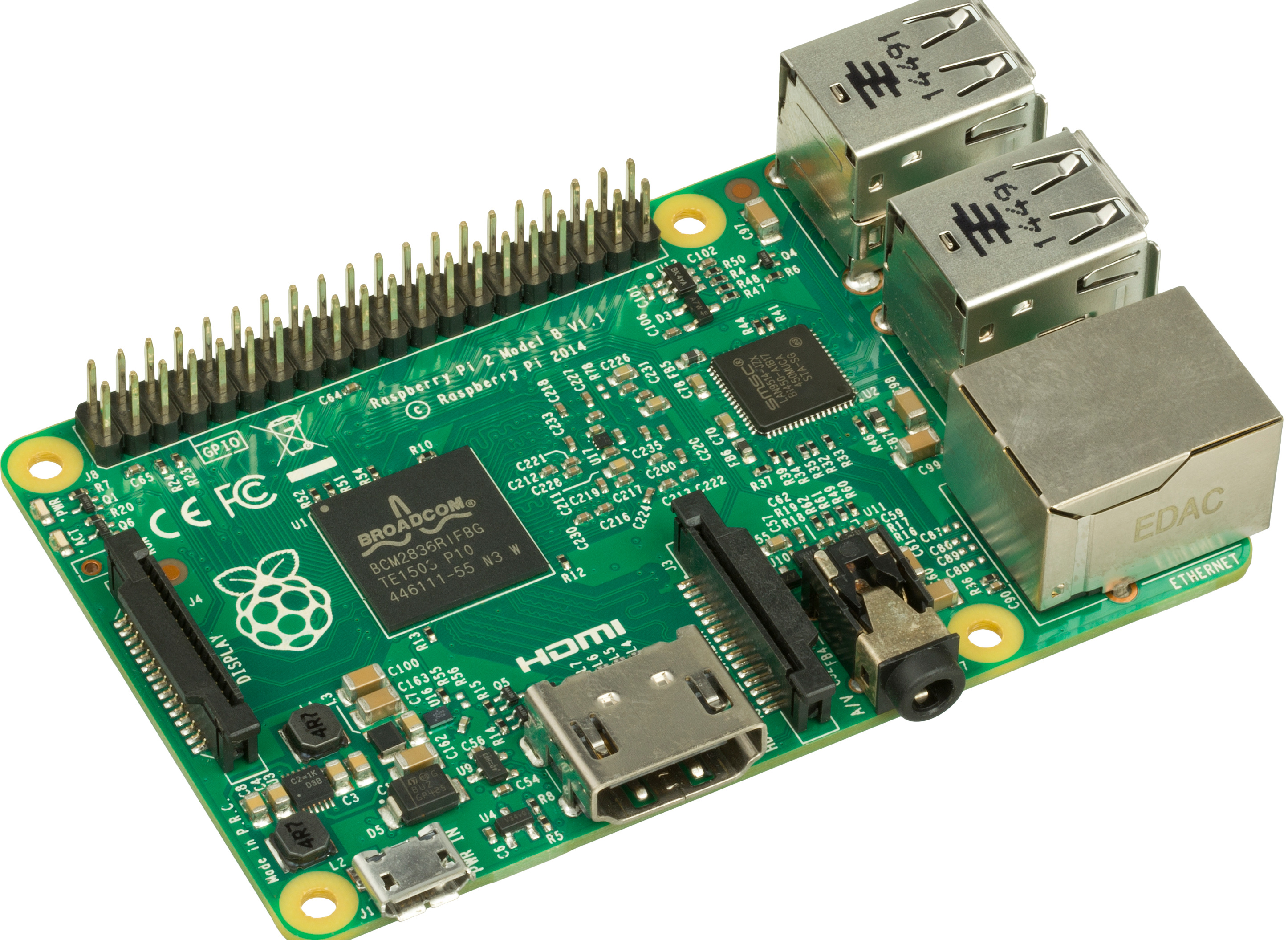 A photo of a Raspberry Pi 2B computer on a white background. 