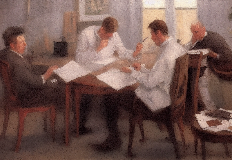 An impressionistic painting based on 'Night Before the Exam' by Leonid Pasternak, generated with Stable Diffusion using img2img from the original. The painting shows four students sitting around a kitchen table studying for a exam. Prompt: Impressionistic painting, four men studying at a desk, smoking, looking over papers, window in the background. 
