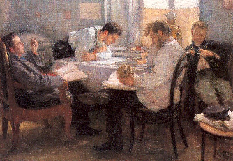 An impressionistic painting titled 'Night Before the Exam' by Leonid Pasternak. The painting shows four students sitting around a kitchen table studying for a exam. One student holds a skull, while the others longue around smoking or studying books or papers. 