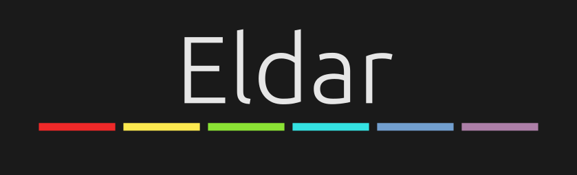 The Eldar color scheme logo. It is the word Eldar in grey on a black background. The word is underlined with a line broken into six segments. The segments are red, yellow, green, cyan, blue, and purple, and match the colors used in the color scheme.